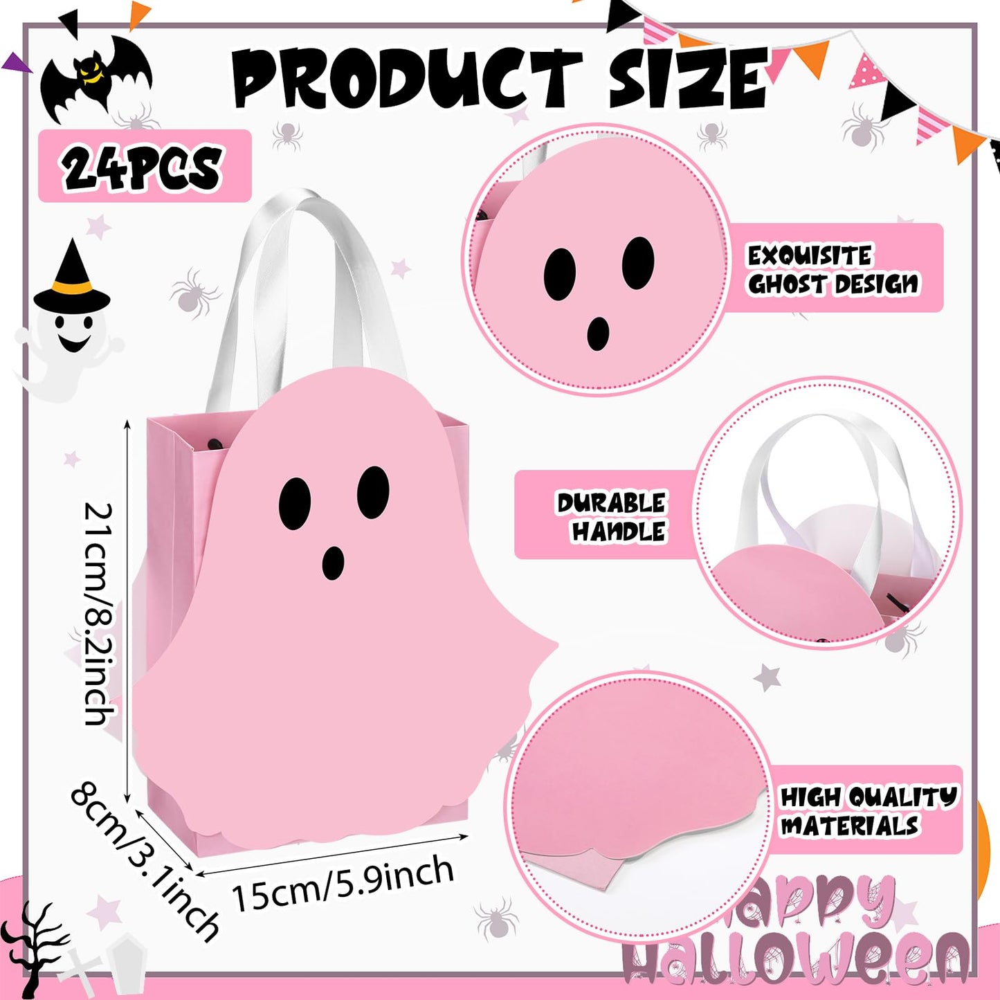 Sweetude 24 Pcs Halloween Ghost Paper Gift Bags Pink and White Ghost Shaped Goodie Candy Bags Bulk with Handles Trick or Treat Party Favor for Holiday Spooky Birthday Party Gift Wrap Supplies