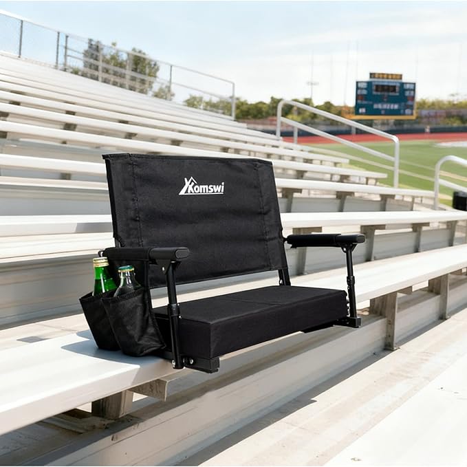 Romswi 2-Pack Stadium Seats with Back Support & Armrests, Lightweight Bleacher Chairs with 2 Cup Holders, Portable for Football Games & Events, Black