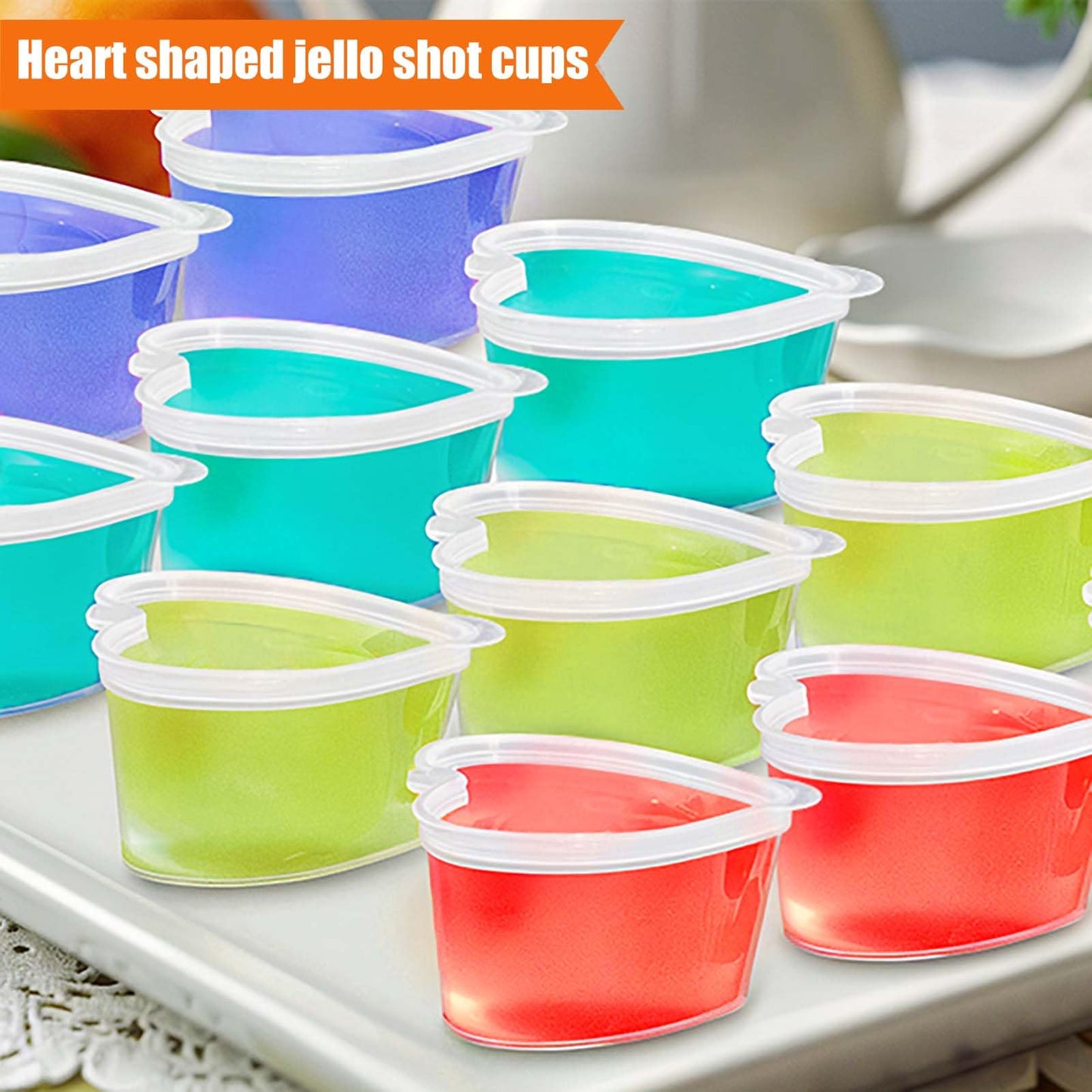 WXOIEOD 50 Sets 2/3 oz Heart Shaped Jello Shot Cups with Lids, Small Condiment Containers, Disposable Portion Cups, Plastic Souffle Cup, Mini Sample Tasting Cups, Dipping Sauce Cup To Go Bowls, Clear