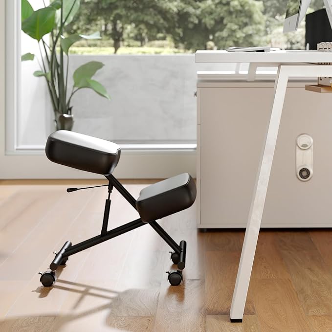 Goplus Kneeling Chair, Upholstered Mobile Desk Chair w/Adjustable Height, Thickened Sponge Cushion, 4 Lockable Universal Wheels, Office Home Padded Stool with Angled Seat, Black (2)