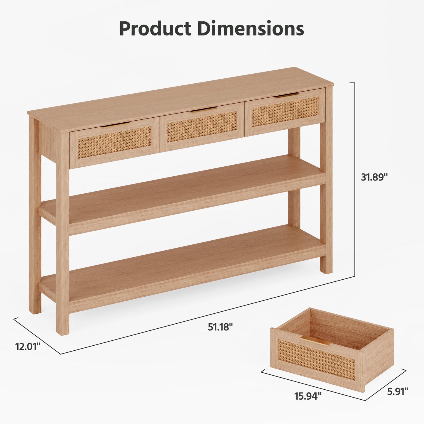 LAUSAINT HOME Narrow Console Table, 51" Entryway Table with 3 Rattan Drawers, Sofa Table Behind Couch/Sofa with 2 Storage Shelves, Natural Wood Console Table for Living Room, Bedroom, Hallway, Foyer