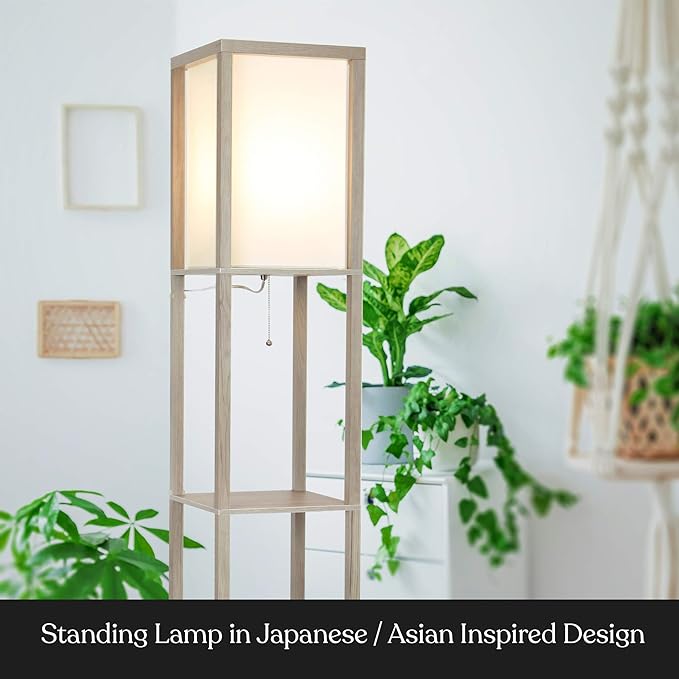Brightech Maxwell - Modern Shelf Floor Lamp with Lamp Shade and LED Bulb - Coner Display Floor Lamps with Shelves for Living Room, Bedroom and Office - Rustic Wood