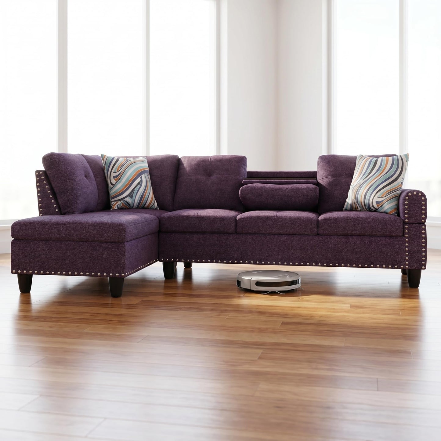 Trygoal L-Shaped Sectional Sofa, Modern 4-Seat Couch with Built-in Cup Holders, Upholstered Fabric Sectional Couch with Right Facing Chaise for Living Room, Apartment, Office, Purple