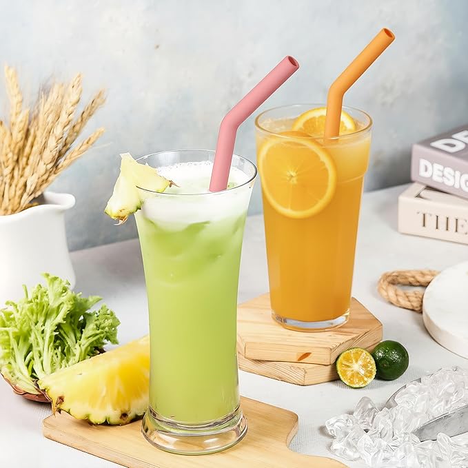NiHome 6 PCS Wide Reusable Bent Silicone Straws for Boba, Smoothies, Bubble Tea, 0.425" Bent Straws Eco-Friendly, Colorful for Drinks, Child-Safe, Customizable Length, 2 Brushes (Rainbow Colors)