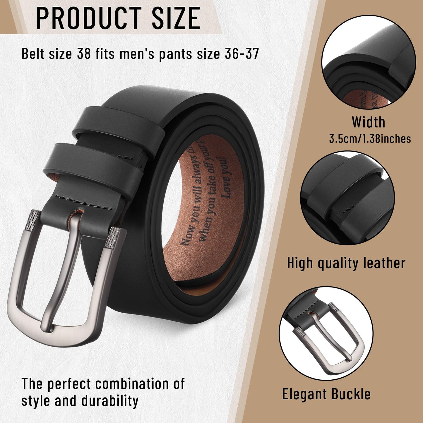 Bunnycool Mens Belt Gift Husband Personalized Belts for Men Engraved Leather Gift for Him Birthday Anniversary Wedding(Black,38(waist36-37))