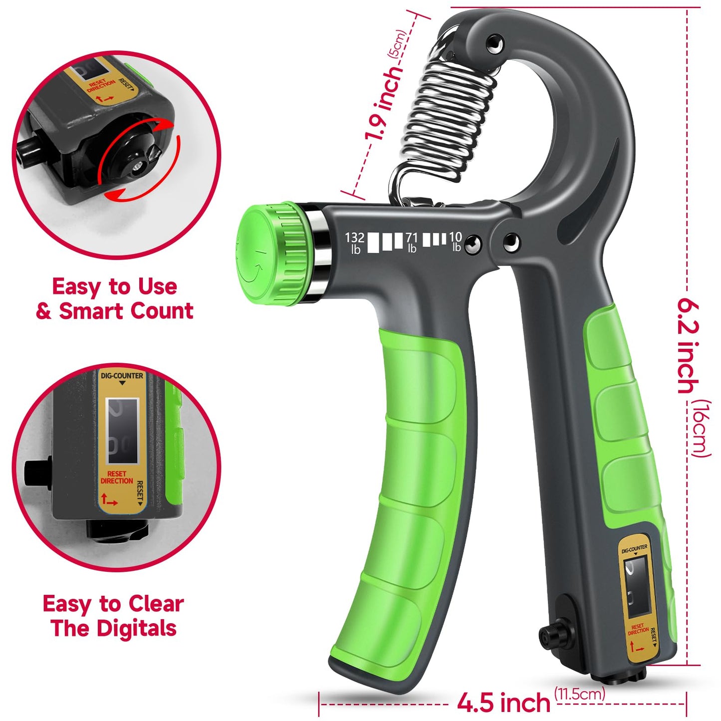 FitBeast Hand Grip Strengthener Workout Kit (5 Pack), 2 Forearm Grip Adjustable Resistance Hand Gripper, Finger Stretcher, Grip Ring & Stress Relief Grip Ball for Athletes, Light Green