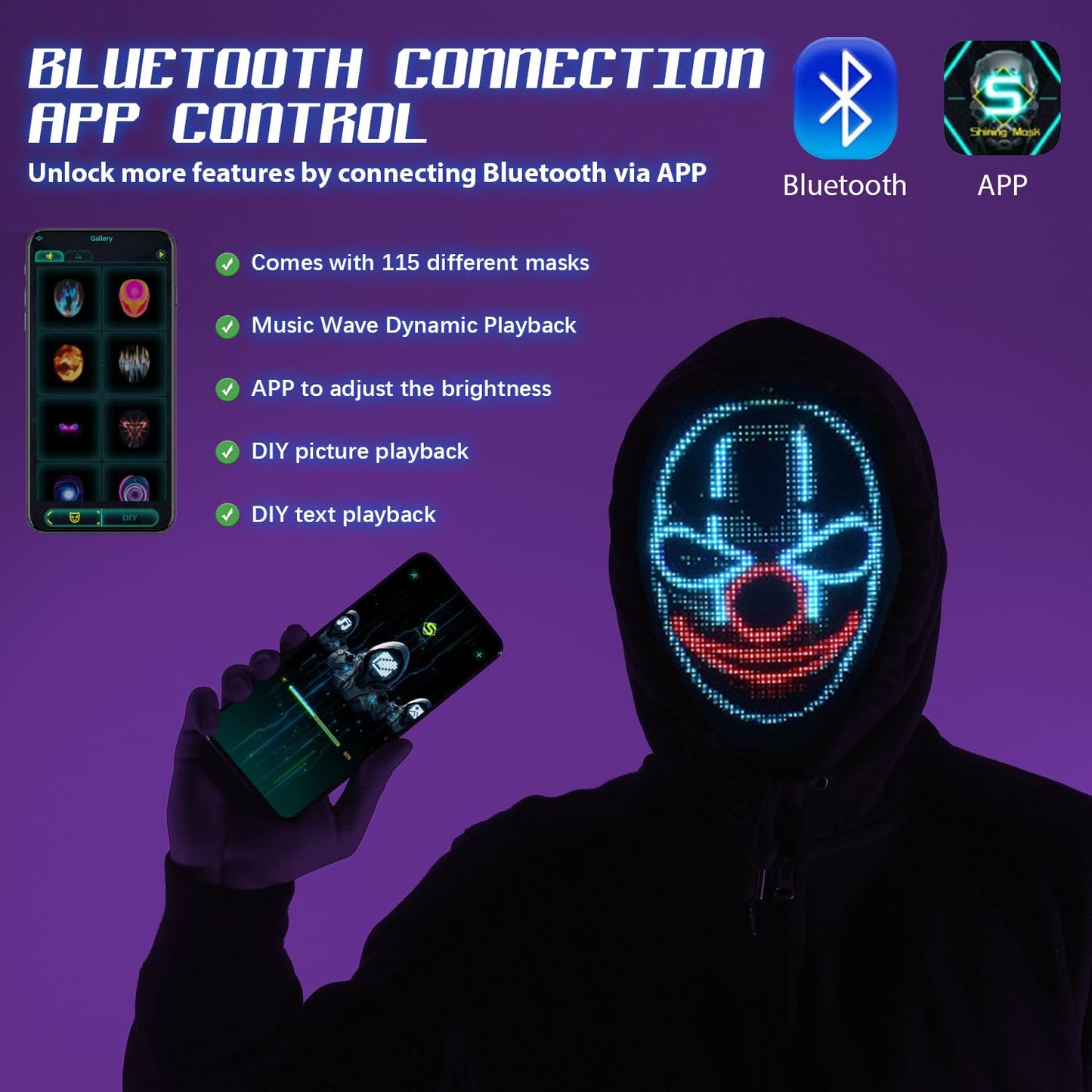 Vanleonet Led Mask with Gesture Sensing,Bluetooth Programmable App Controlled, Customizable Shining Mask, unisex-adult,Halloween Mask, Costume Cosplay Party
