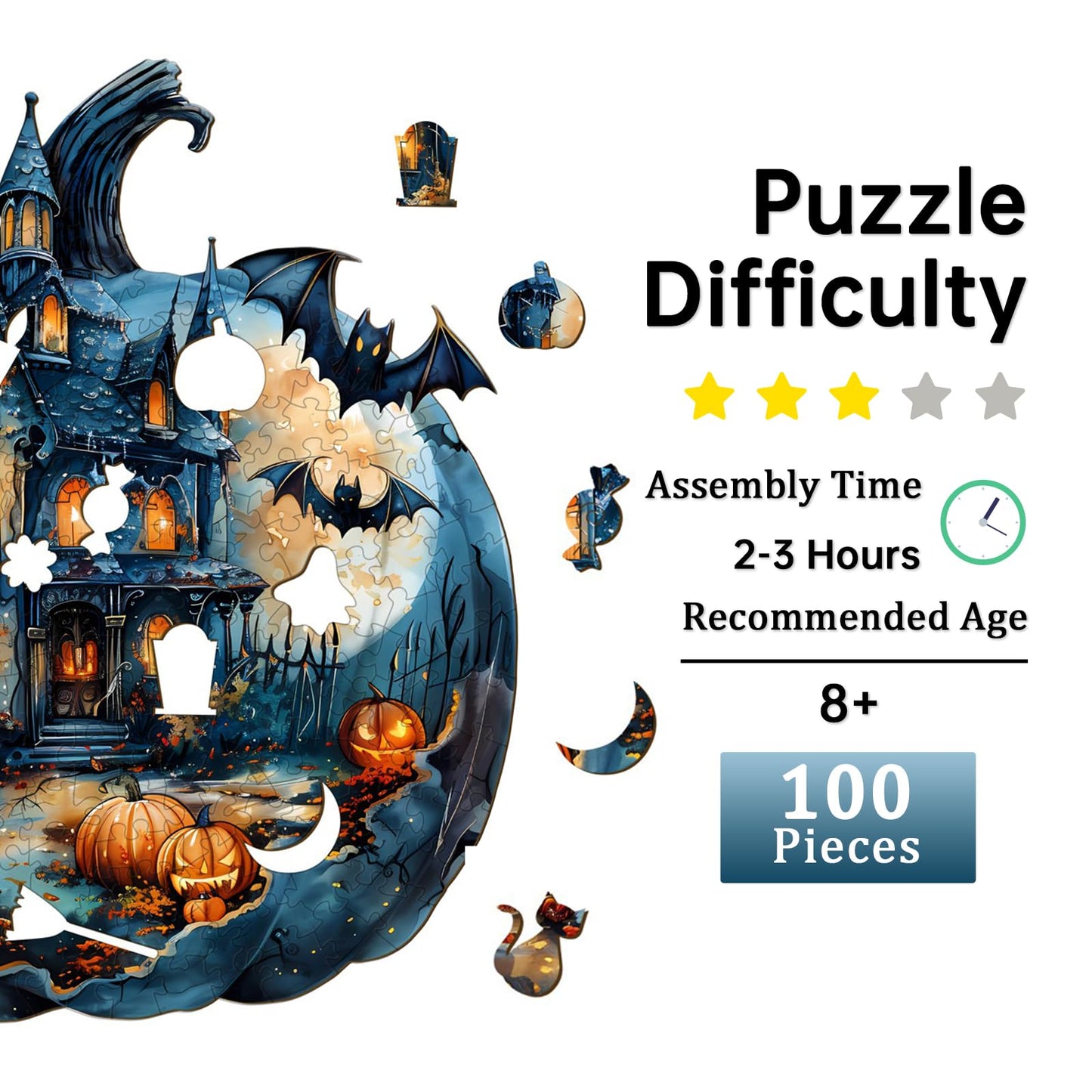 Jigfoxy Wooden Puzzles for Adults, Halloween Pumpkin Wood Puzzles Adult, Unique Animal Shape Wooden Jigsaw Puzzles for Adults, Birthday Gifts for Puzzle Lovers, Family (S-8.5 * 7.8in-100pcs)
