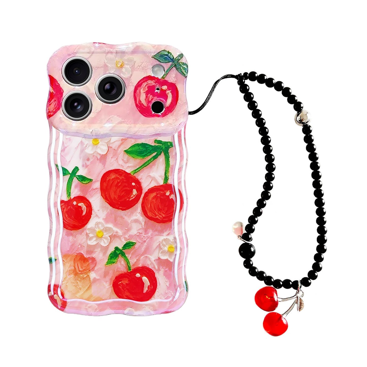 Tewwsdi Red Cherry Phone Case with Charm for iPhone 17 Air 6.6in,Retro Stylish Glossy Oil Painting Flower Laser Glossy,Aesthetic