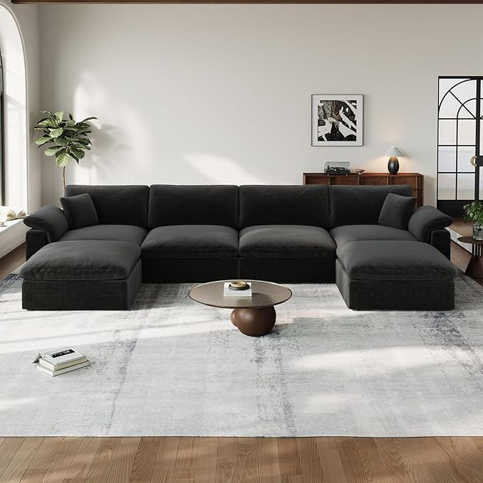 Cloud Modular Couch for Living Room,U Shape Linen Blend Sofas,Modern Deep Seat Cloud Sofas,Convertible Comfort Down Filled Sectional Couches,Removable Washable Cushion Covers,Black