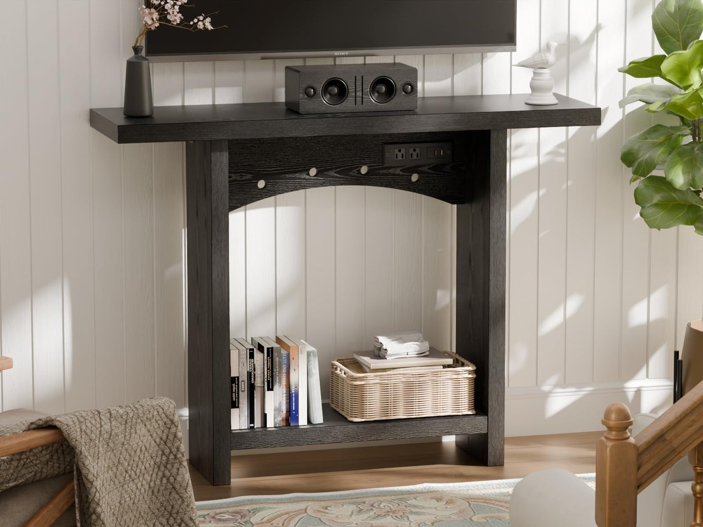 REDAYFUR 43" Console Table with Charging Station, Entryway Table 2-Tier Storage & Power Outlets or Hallway & Living Room, Perfect as Sofa Table Behind Couch, Sturdy Thickened Board & Anti-Tip
