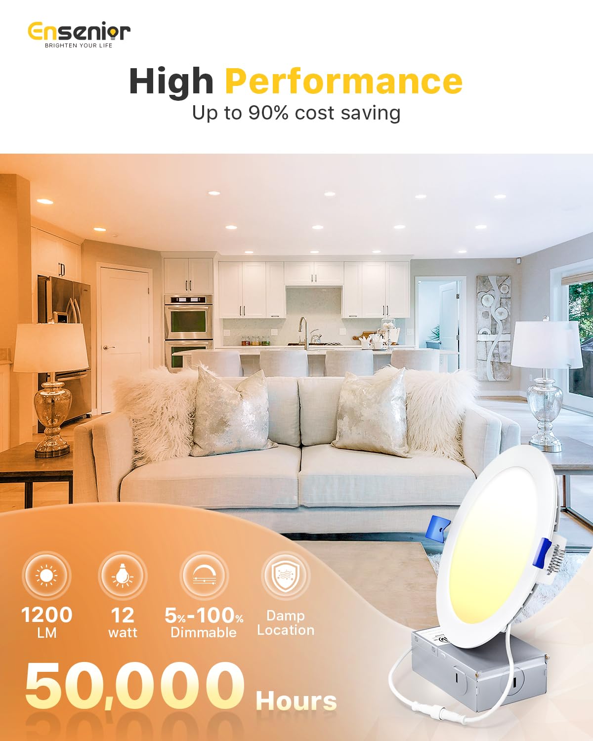 Ensenior 6 Pack 6 Inch LED Recessed Light, Dimmable, 3000K-5000K 3CCT, 1200LM High Brightness, 12W 120V, 3 Pin, ERL-12X-ETL, Damp Rated, Ultra-Thin Canless Wafer Ceiling Light - ETL & FCC & IC