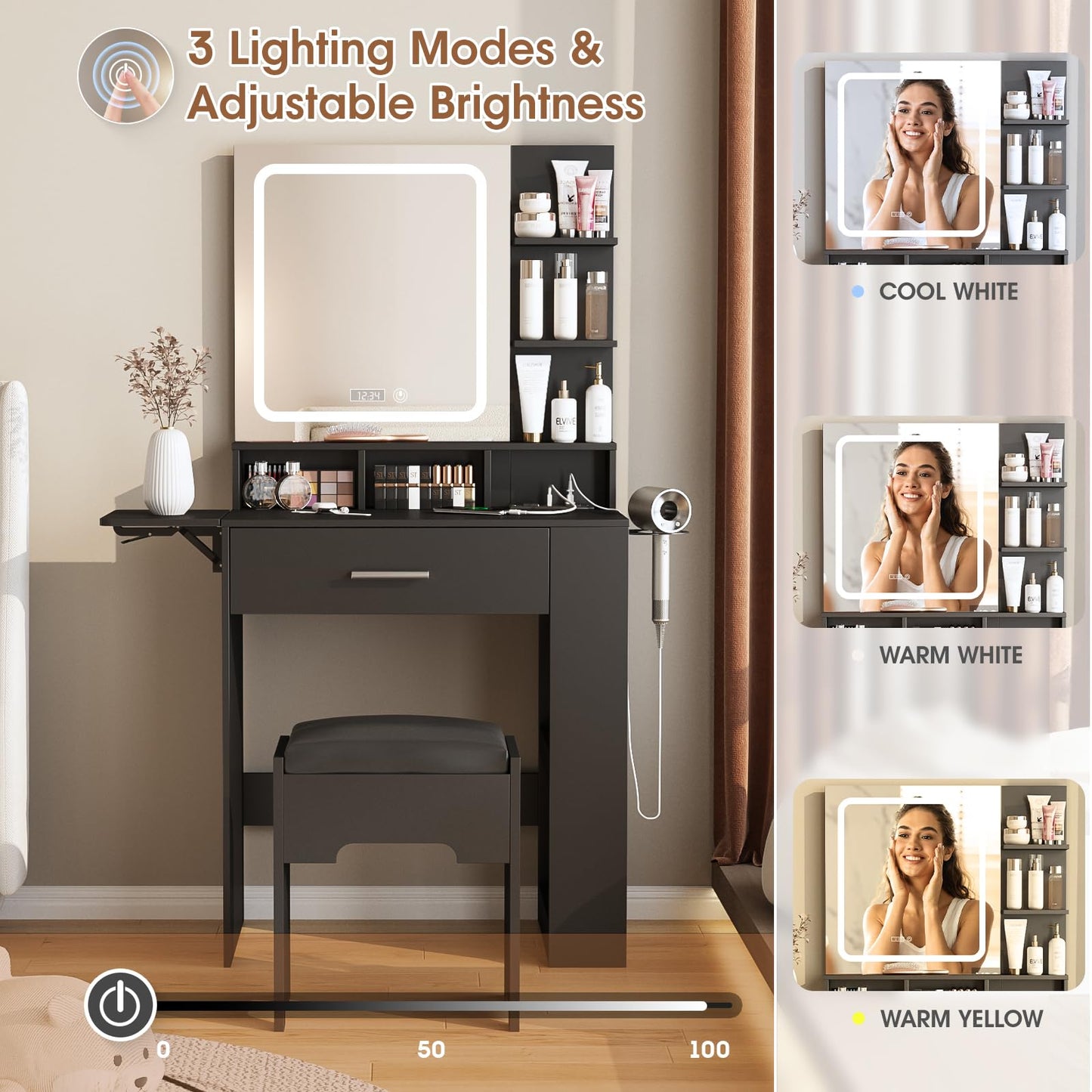 Fameill Vanity Desk with Mirror and Lights, Small Makeup Vanity with Drawer & Lots Storage Shelves, Black Dresser Table with Charging Station & Time Display, Vanity Set with Chair, for Bedroom