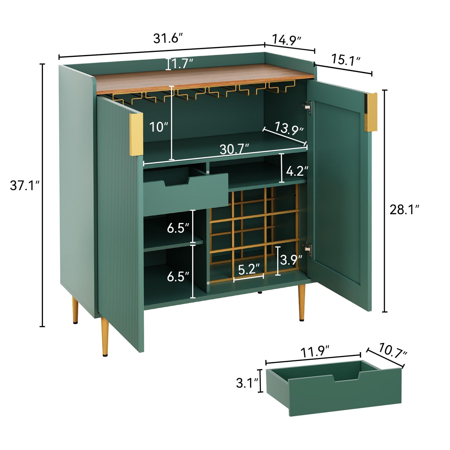 ARTPOWER Coffee Bar Cabinet with Wine Racks, Green Liquor Cabinet with Fluted Texture, Modern Sideboard Buffet Cabinet for Kitchen Dining Room, Living Room