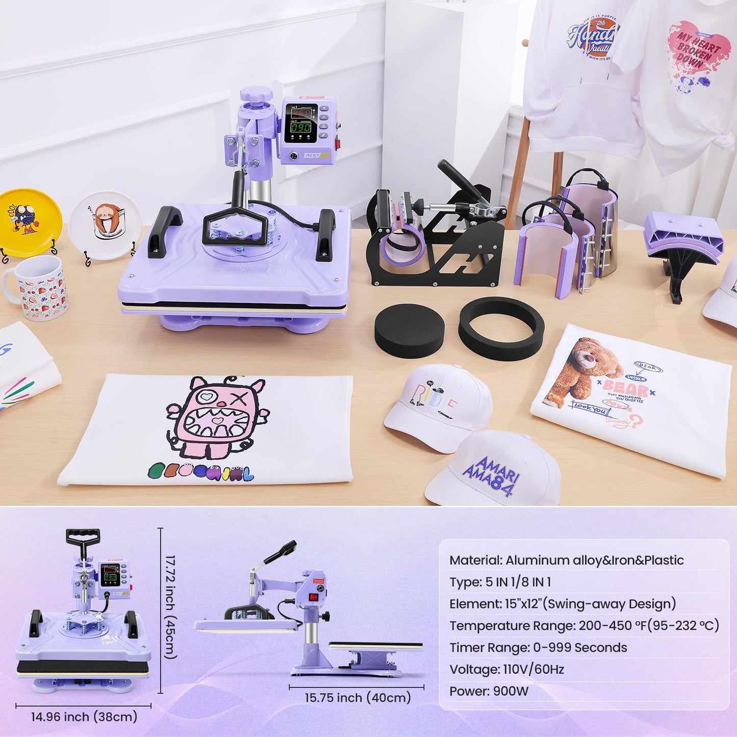 AKEYDIY Upgraded 8 in 1 Heat Press Machine for Tshirts 12X15 Inch, 360° Swing Away Shirt Press Machine for Sublimation, Multifunctional Heat Transfer Machine Combo for Shirts (Purple-8 in 1)