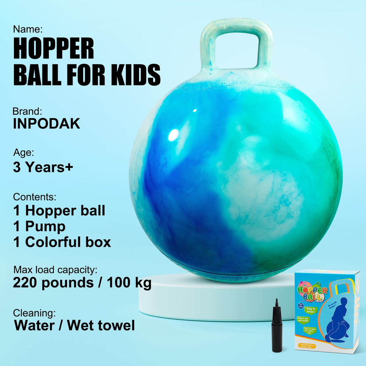 INPODAK Hopper Ball 18 Inch Bouncy Ball with Handle for Kids, Hippity Hop Jumping Hopping Toy for Boys Girls Ages 3-6 with Pump and Gift Box Great Gift for Birthday Holiday