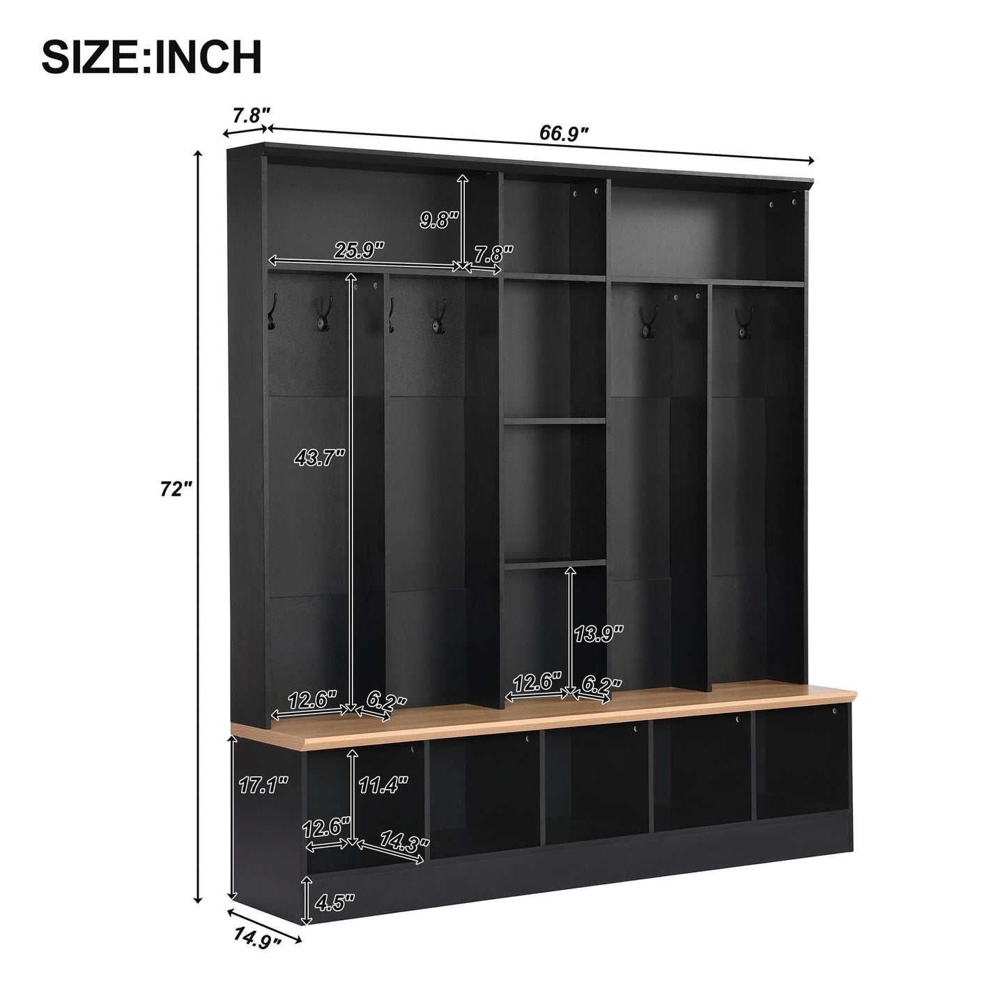 Ball & Cast 69.9" Wide Design Hall Tree with Storage Bench,Multifunctional Coat Rack w/ 8 Hanging Hooks,Modern Shoe Cabinet w/Storage & Shelves,for Entryways, Mudroom,Black