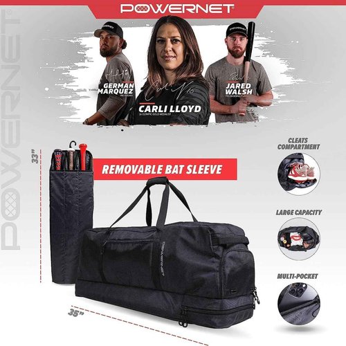 PowerNet Pro Bat Vault Duffle, Softball & Baseball Duffle Bag with Removable Padded Compartment Fits 34 Inch Bats, Hook Baseball Gear Bag to Fence