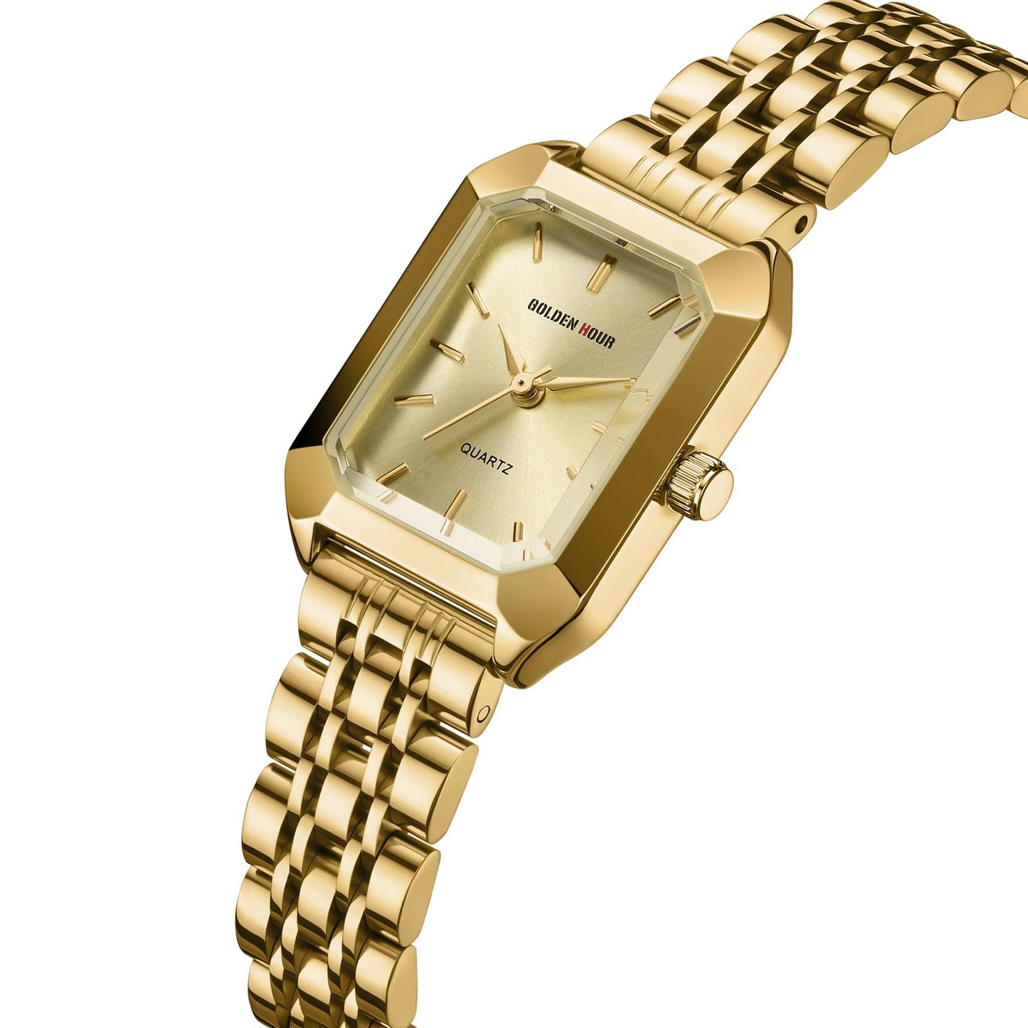 GOLDEN HOUR Women's Rectangular Quartz Watch, Gold Tone Stainless Steel Band, Gold Dial