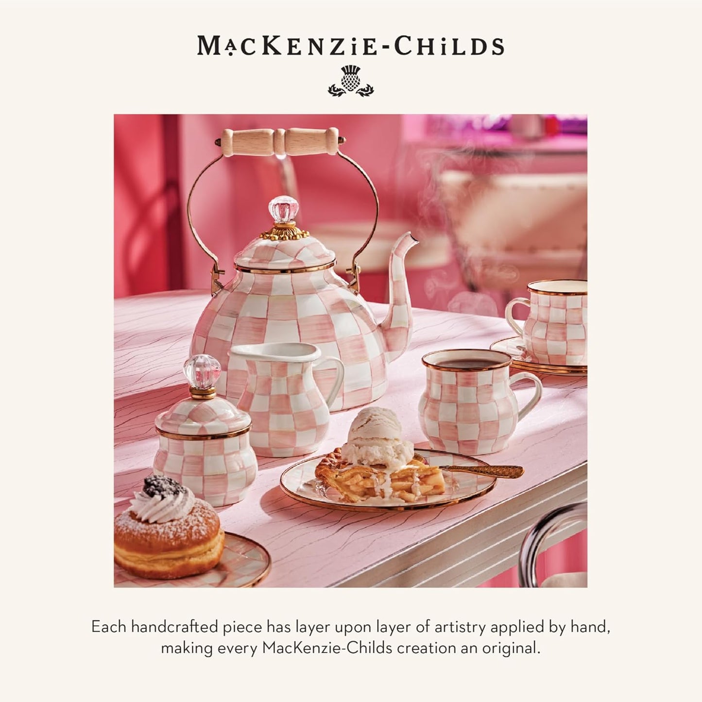 MACKENZIE-CHILDS Enamel Pinch Bowl, Small Bowl for Kitchen Ingredients, 1.5-Cup Capacity, Pink-and-White Rosy Check