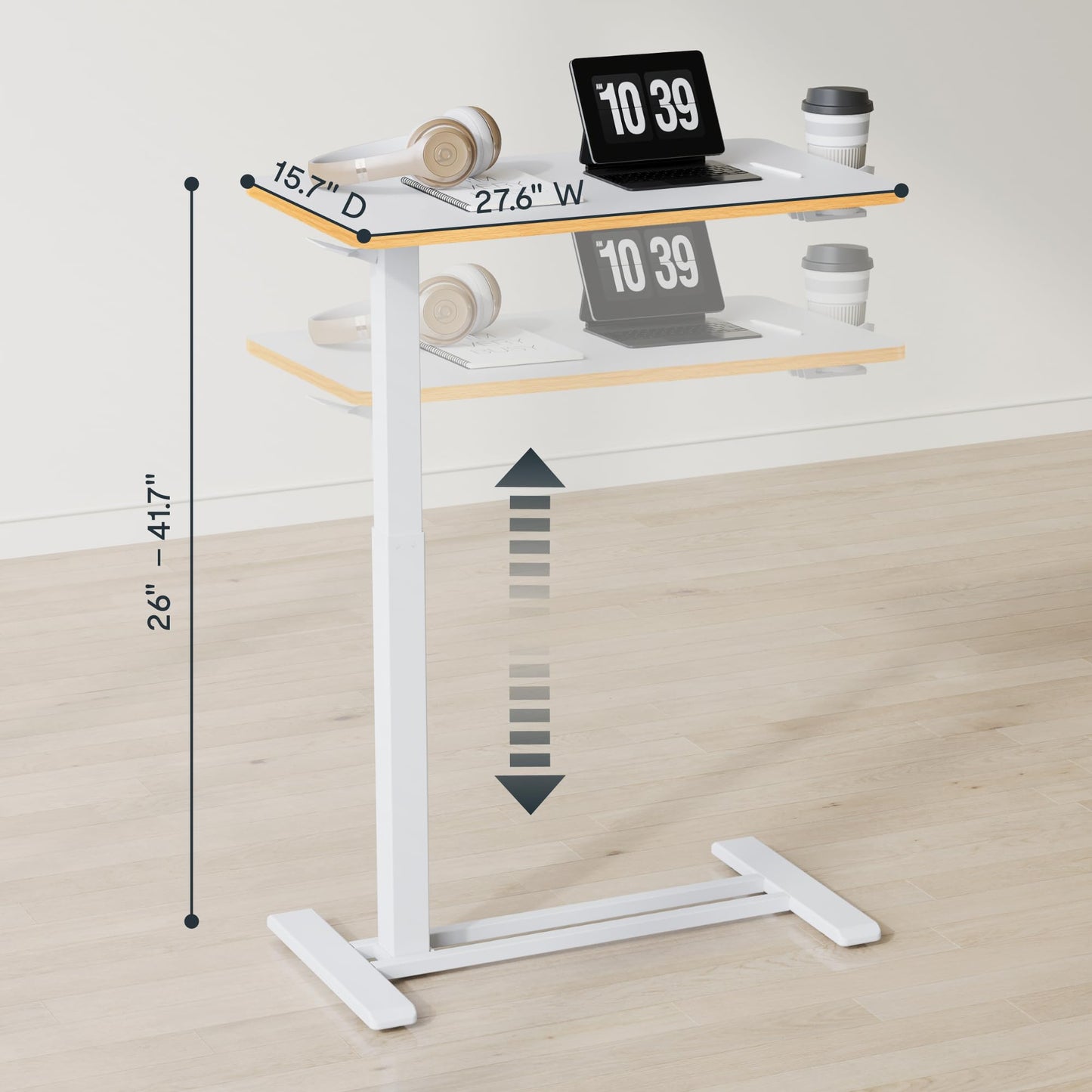 FLEXISPOT Mobile Standing Desk with Wheels Pneumatic Laptop Desk Rolling Computer Cart Movable Height Adjustable Small Sit Stand Desk Computer Workstations Home Use(27.6" W x 15.7" D,White+Maple