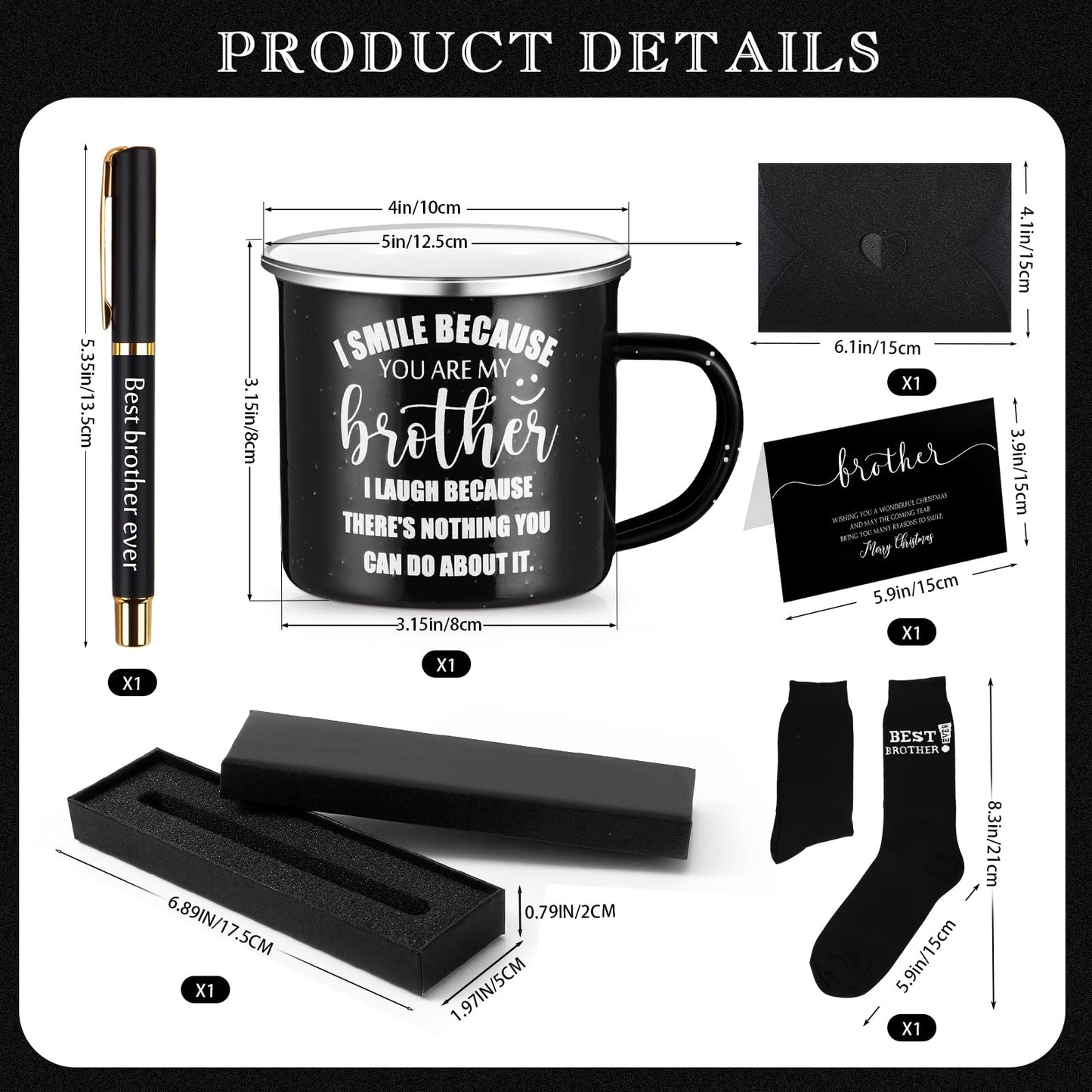 ReliThick 6 Pcs Brother Gifts from Sister Included I Smile Because You're My Brother 12 oz Enamel Mug Socks Ballpoint Pen with Pen Box Greeting Card Birthday Thanksgiving Friends Gifts