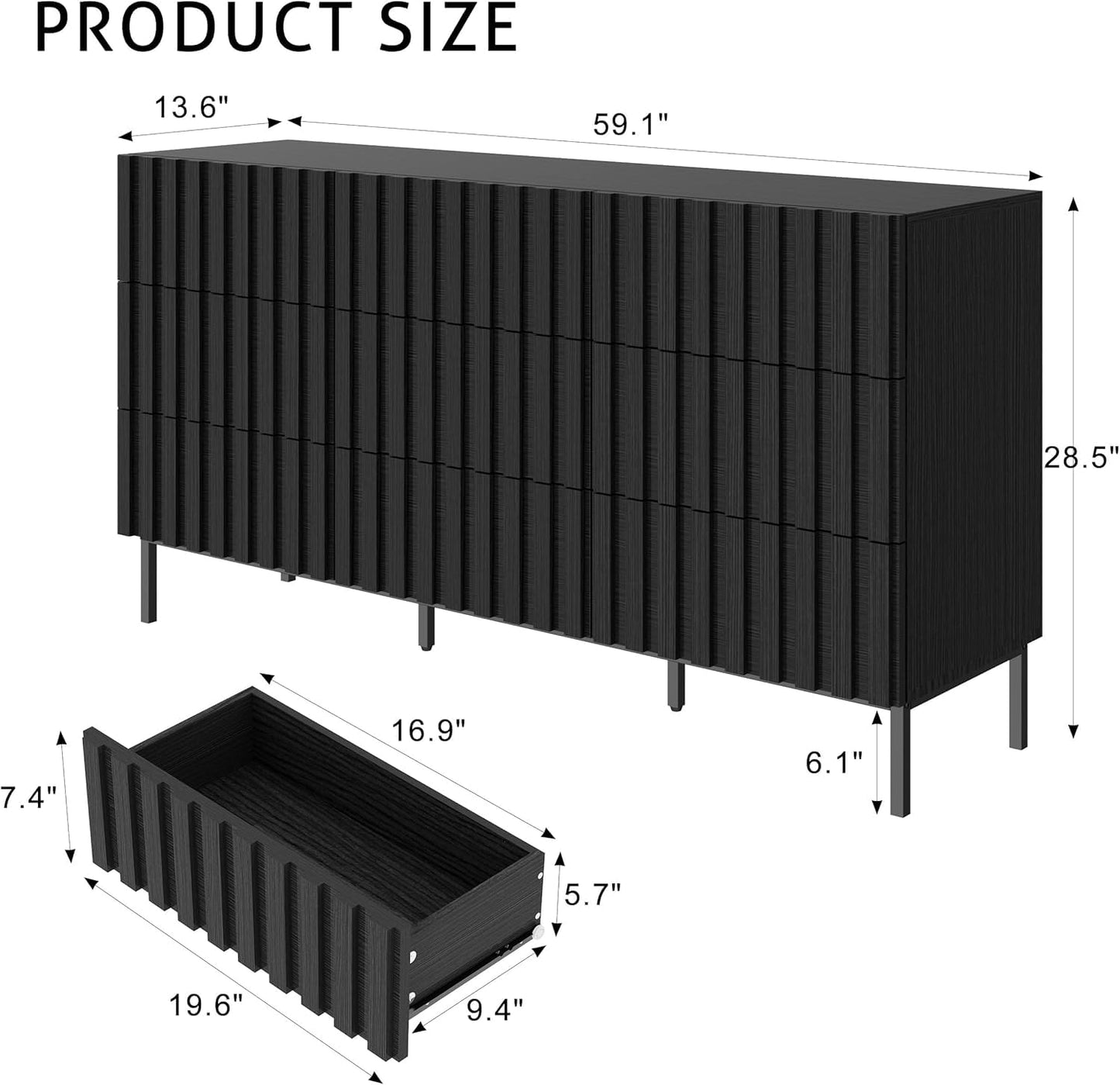 UEV Black Fluted Dresser for Bedroom, 59" Wide Wood 9 Drawer Dresser, Mid Century Modern Storage Organizer, Long Chest of Drawers TV Stand for Bedroom, Hallway