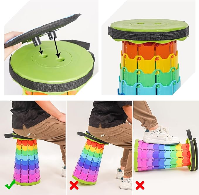FXKS 2 Pack Upgraded Collapsible Stool Folding Stool with Cushion,Retractable Folding Stool Max Load Capacity 400lbs, Portable Telescoping Stools for Camping Hiking Outdoor BBQ -Rainbow-Green