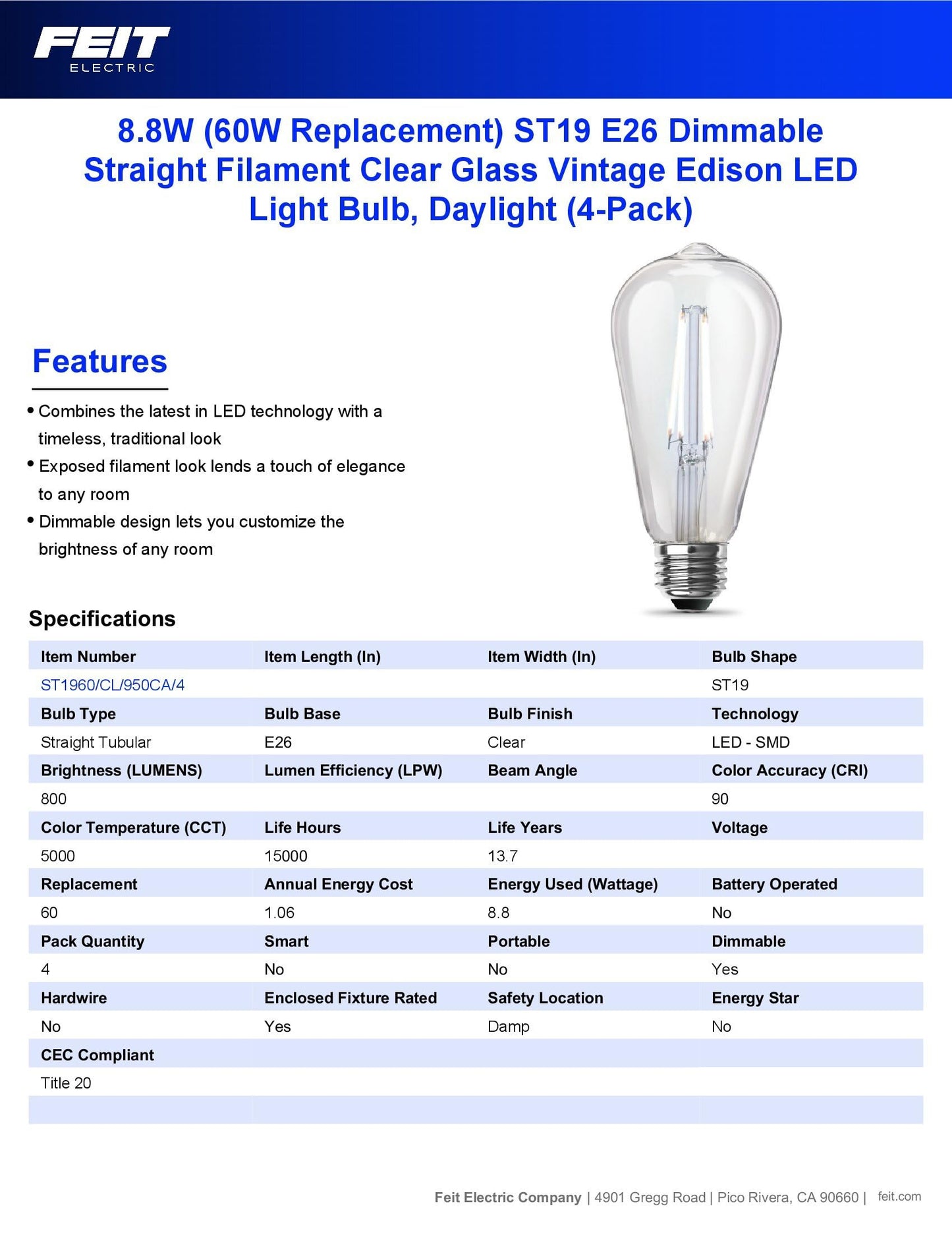 Feit Electric ST19 Vintage Edison LED Light Bulb, 60W Equivalent, Dimmable, 5000K Daylight, 800 Lumens, E26 Base, Retro Filament Light Bulbs, 15,000-Hour Lifetime, ST1960/CL/950CA/2/4, 8 Pack