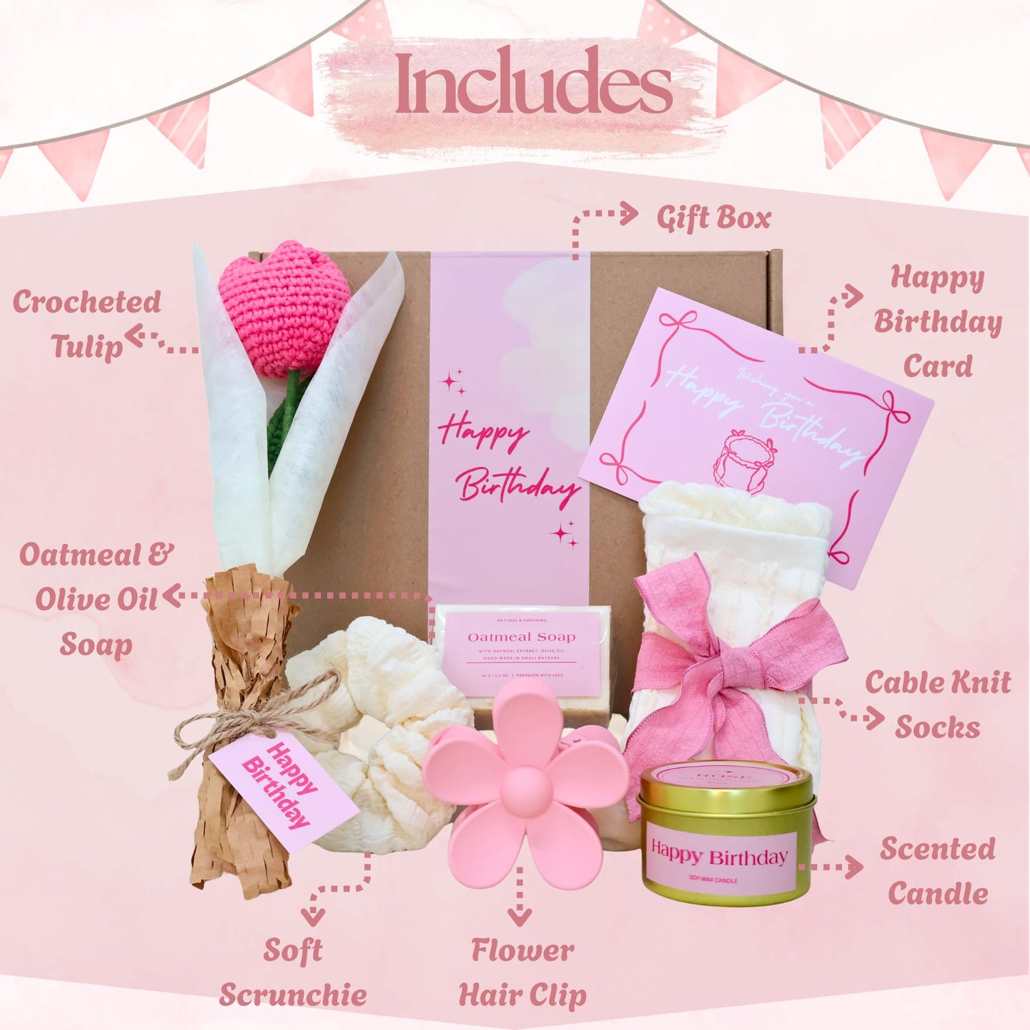 felinlova Birthday Gifts for Women - Best Friend Birthday Gifts for Women, Teen Girls, Happy Birthday Gift Basket for Sister, Cute Pink Gifts for Women, Friendship Gift Ideas for Her