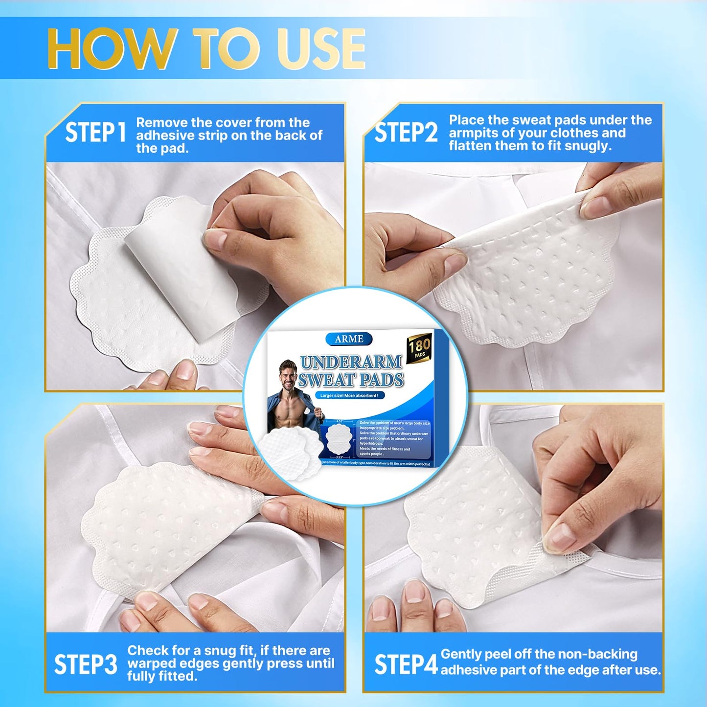 Arme Armpit Sweat Pads, 180 Pcs Wider and larger Underarm Sweat Pads for Men Hyperhidrosis, Disposable Sweat Pads for Under Arms