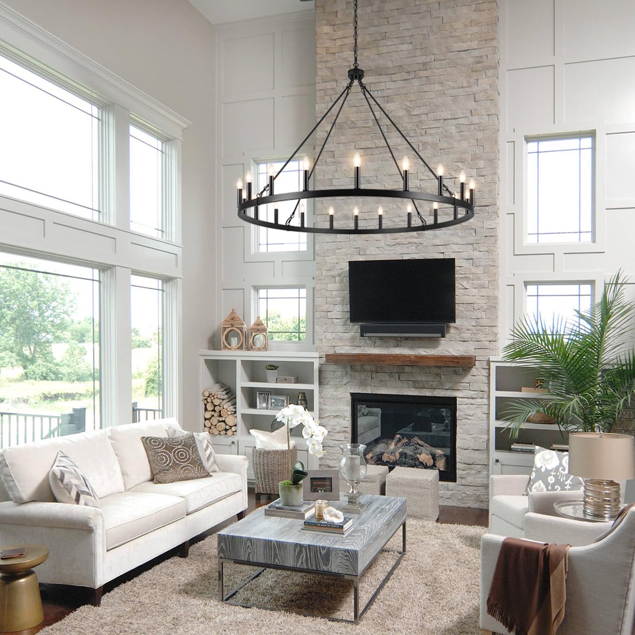 LASENCHOO Black Wagon Wheel Chandelier 20 Lights Dia 48" Farmhouse Chandeliers for Dining Room Light Fixture, Round Rustic Chandelier for Entryway Living Room, Large Chandeliers for High Ceilings