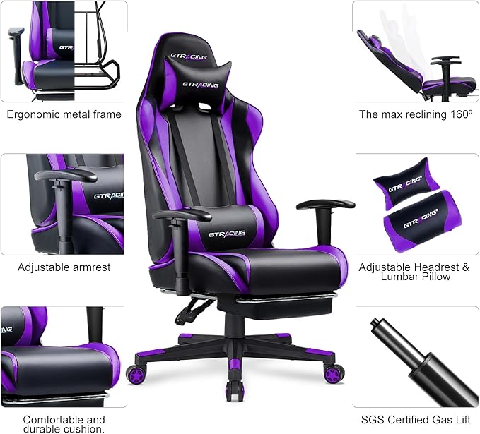 GTPLAYER Gaming Chair with Footrest, Ergonomic Computer Game Desk Chair, Reclining Game Chair Seat Height Adjustment, Swivel Rocker with Headrest and Lumbar (Purple)