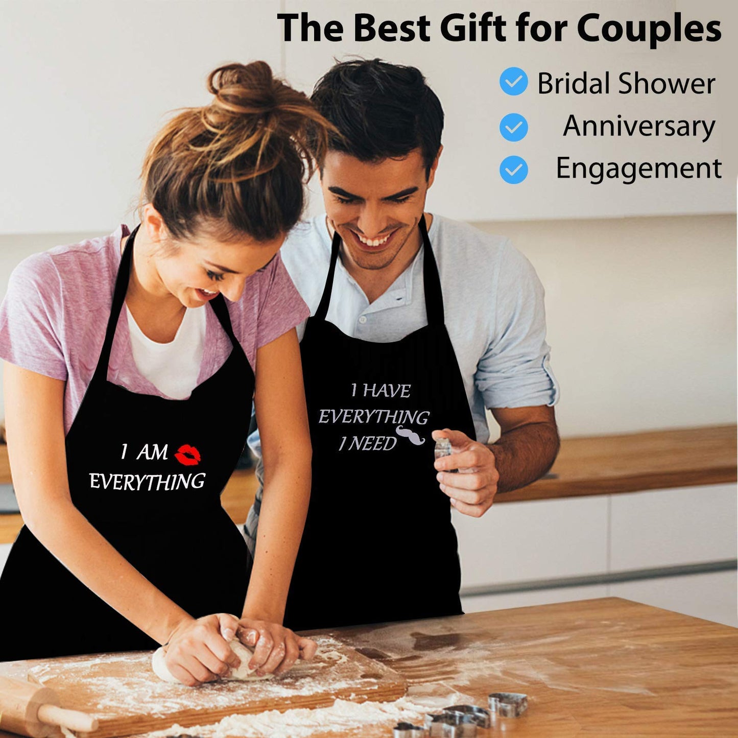 YIKA Apron Couples, Valentines Day Gifts for Couples: Waterproof Aprons for Women Men, with Adjustable Neck Strap with Extra Long Ties, 2 Pockets (Black)