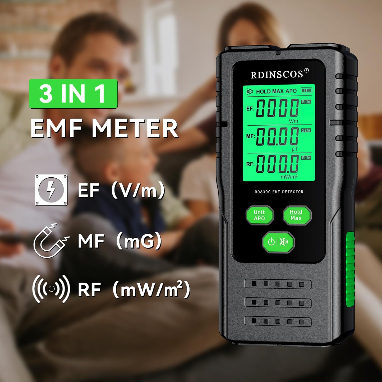 EMF Detector – 3-in-1 Electromagnetic Radiation Meter for AC Magnetic, AC Electric & Microwave Fields – Handheld EMF Reader for Home, Office & Smart Meters, Ideal for Non-Professional Users