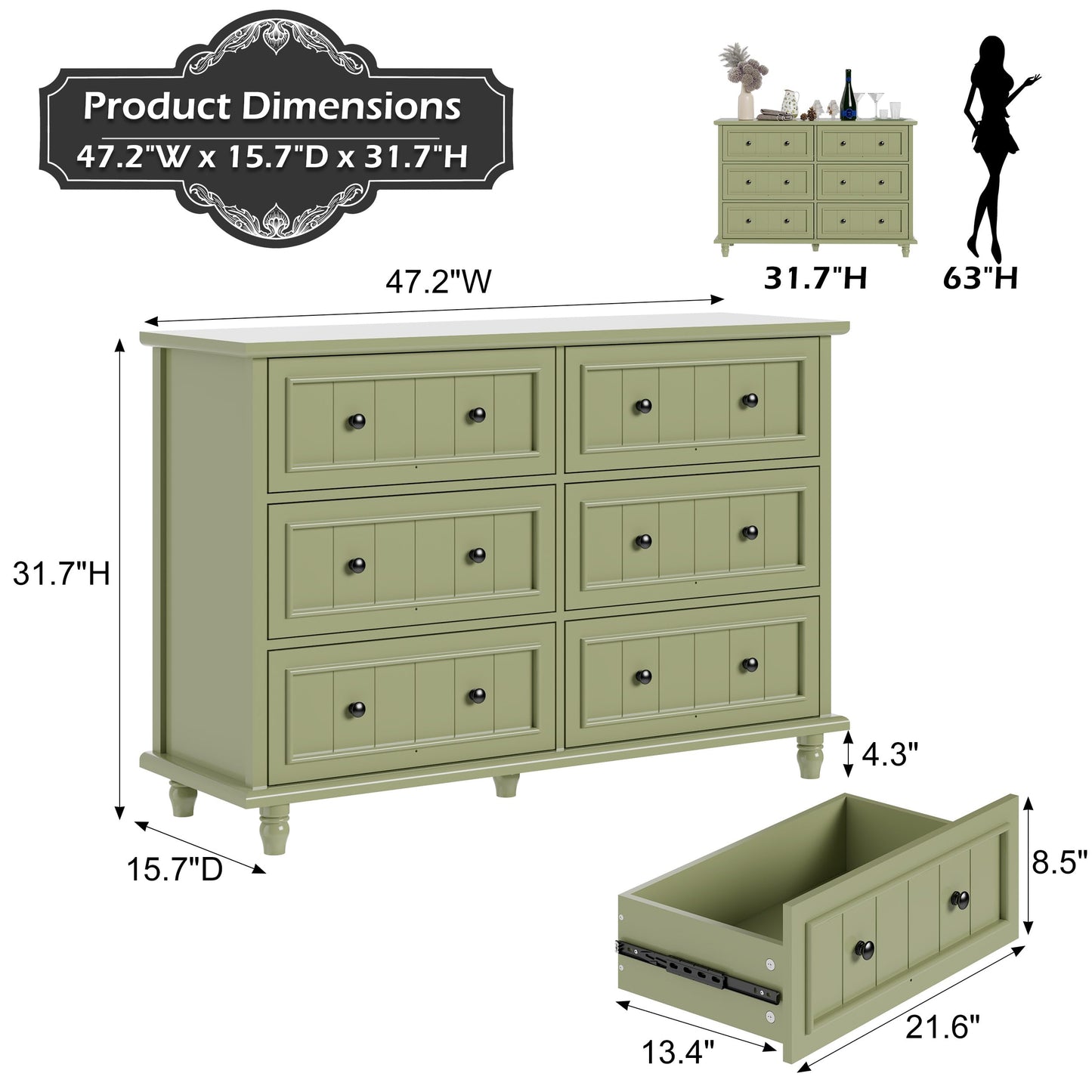 Scurrty 6 Drawer Dresser, Antique Chest of Drawers, Large Cabinet with Storage, Big Dresser for Clothes in Living Room, Bedroom (Black)