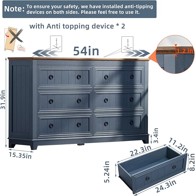 Joaxswe Dresser and Nightstand Sets, Farmhouse Furniture Set 6 Drawers Dressers for Bedroom and 18" Night Stand with Charging Station, 54" Dresser and Nightstand Set for Bedroom, Living Room