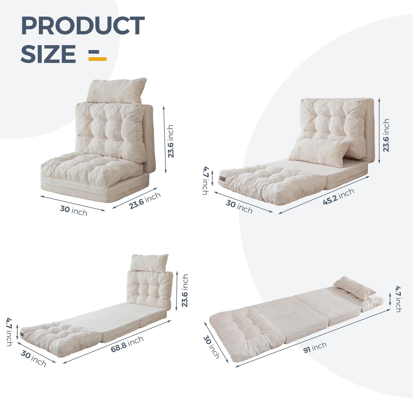 MAXYOYO Bean Bag Bed Tufted Folding Sofa Bed with Pillows, Extra Thick and Long Floor Mattress for Adults, Single Couch Bed for Bedroom Living Room, Beige, 30x91 Inch