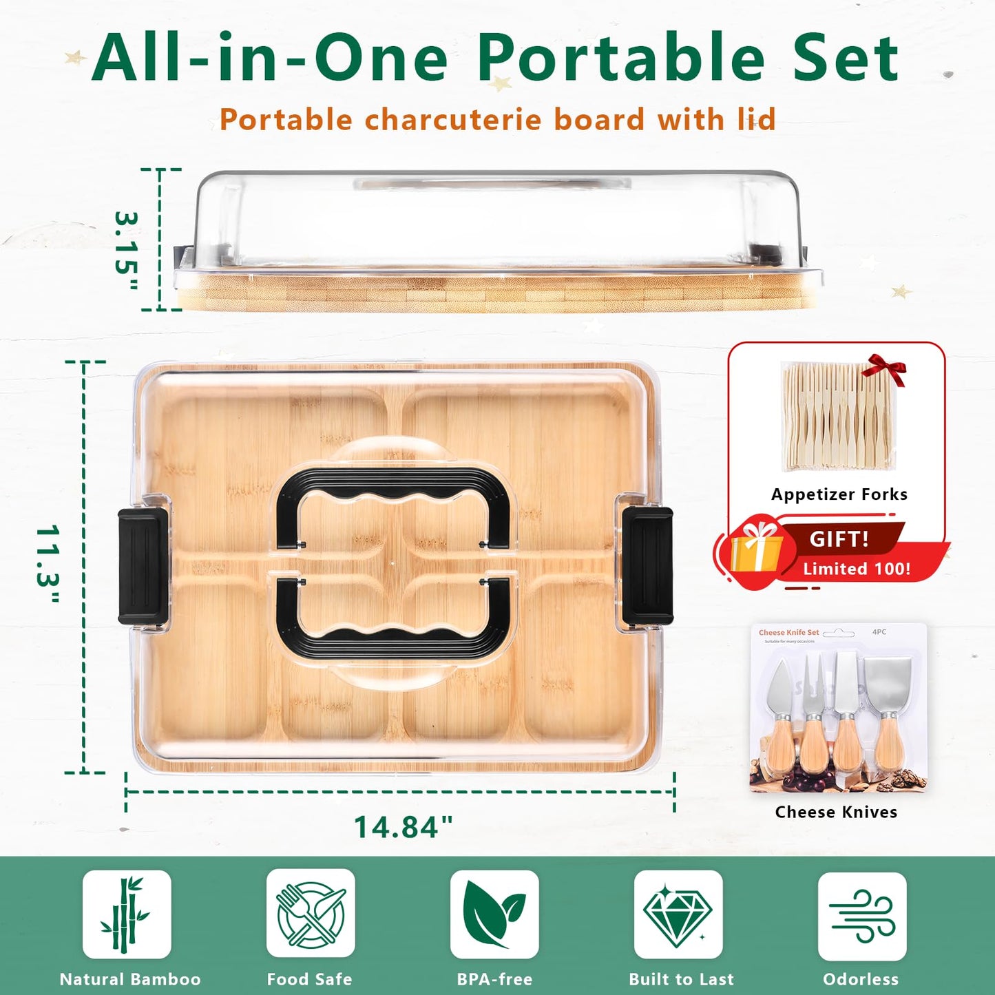 Charcuterie Board with Lid and Handle, Portable Travel Bamboo Cheese Board Set with 4 Cheese Tools, Gift for Housewarming, Weddings, Picnics, Christmas (6 Compartments, Black)
