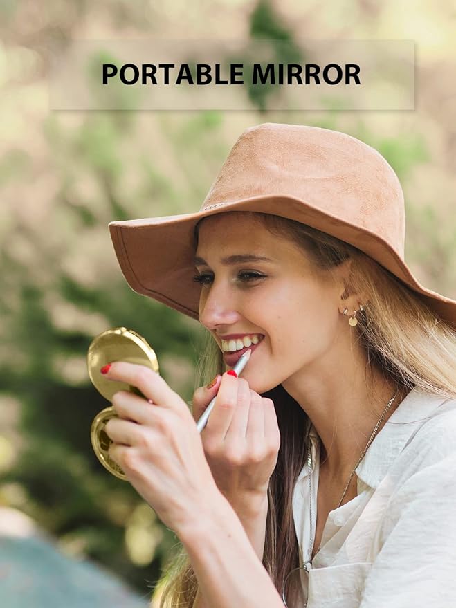 Compact Mirror for Purse, Double-Sided 1X/2X Magnifying Metal Pocket Makeup Mirrors(Round,Gold)