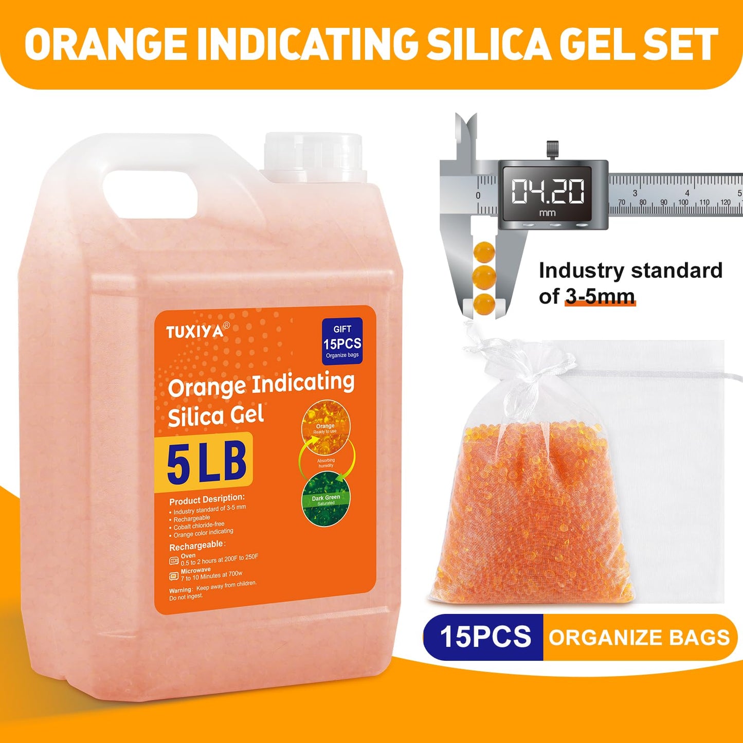TUXIYA 5 LBS Orange Indicating Silica Gel Desiccant Beads,(Industry Standard 3-5 mm) Rechargeable Silica Gel Beads for 3D Filament, Electronic Devices, Camera, Jewelry, Safe(15PCS Organza Bag)