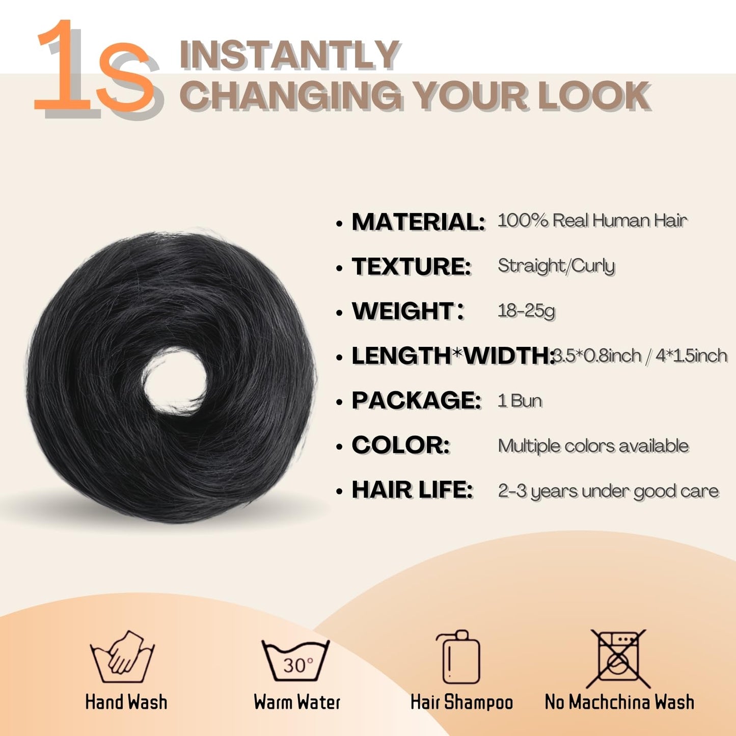 Charmele Human Hair Messy Bun Hair Piece, Black, 5 Inch, Straight, WIG
