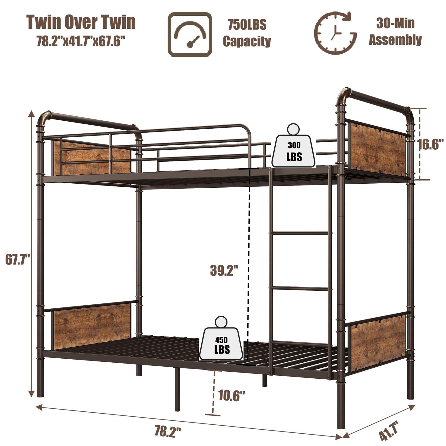 IDEALHOUSE Metal Bunk Bed Twin Over Twin, Twin Bunk Beds, Heavy Duty Twin Size Metal Bunk Bed with High Guardrail & Ladders, Convertible Bunk Beds for Kids Adults, No Box Spring Needed