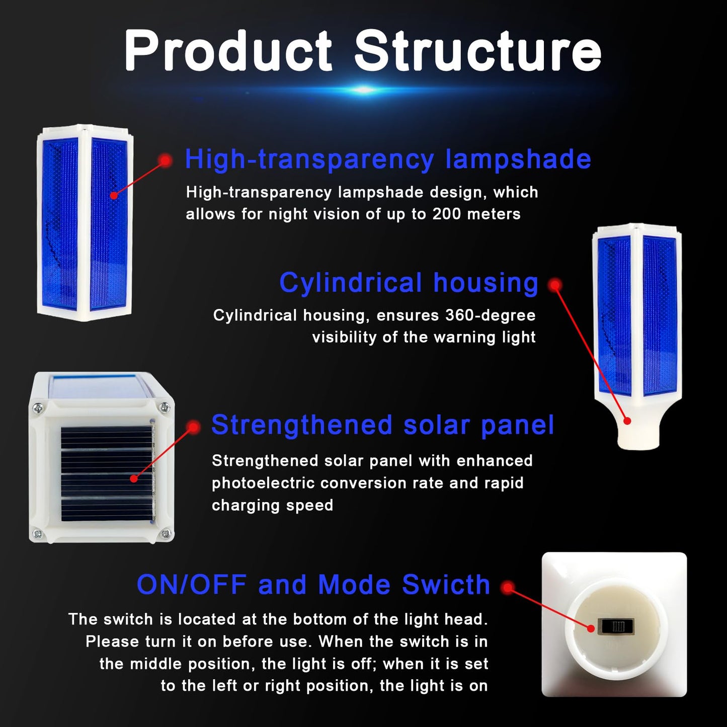 Aolyty Solar Lights Outdoor, Waterproof Driveway Markers Reflective, Warning Flash Light with 2 Lighting Modes, LED Solar Light 4 Pack for Parking Lots, Yard, Sidewalk, Stop Sign, 30 Inches (Blue)