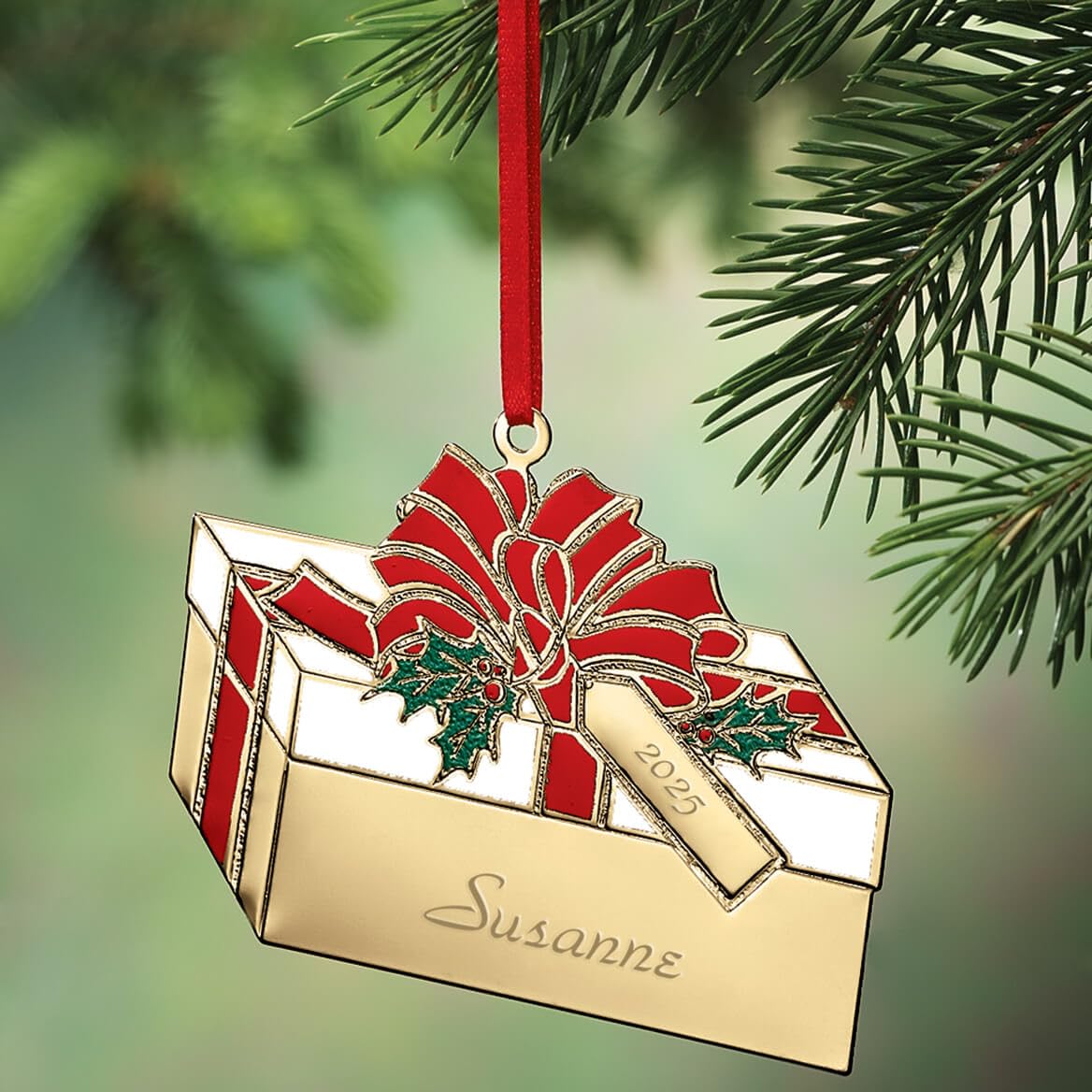 Custom Brass Present Ornament, Includes Red Hanging Ribbon, Seasonal Décor – Measures 3 ¼” Wide x 2 ½” High