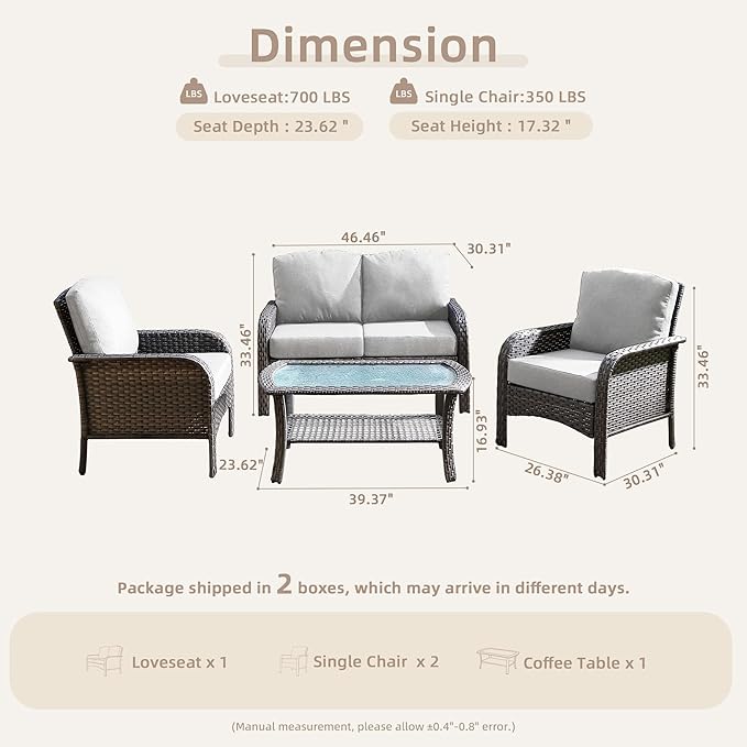 CAODOC 4-Piece Wicker Patio Furniture Set, All-Weather Rattan Conversation Bistro Loveseat Chair and Table Set for Backyard, Balcony and Deck with Soft Cushions and Metal Table(Gray)