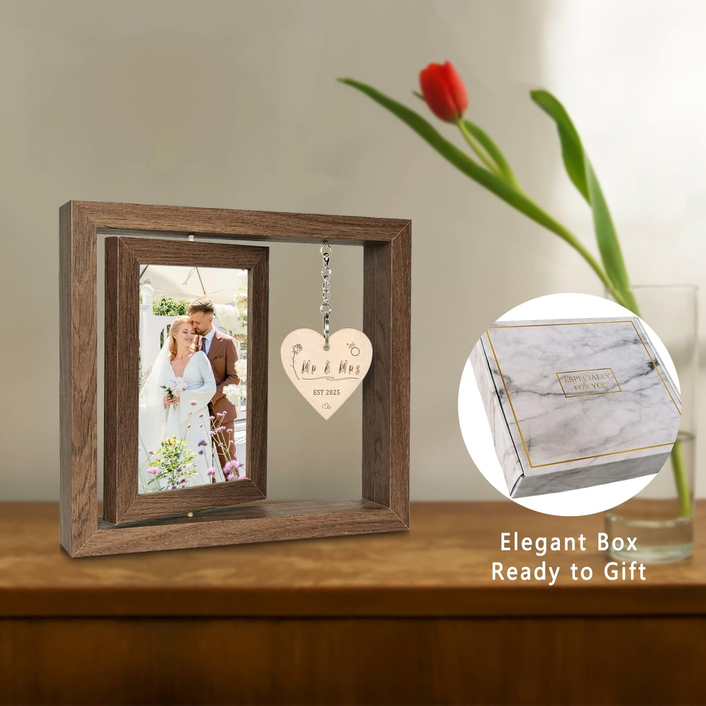 EYITUPC Rotating Floating Mr & Mrs EST 2025 - Let the Adventure Begin Picture Frame, Wedding Bridal Shower Gifts for Bride Newlywed Couples, Display Two 4x6