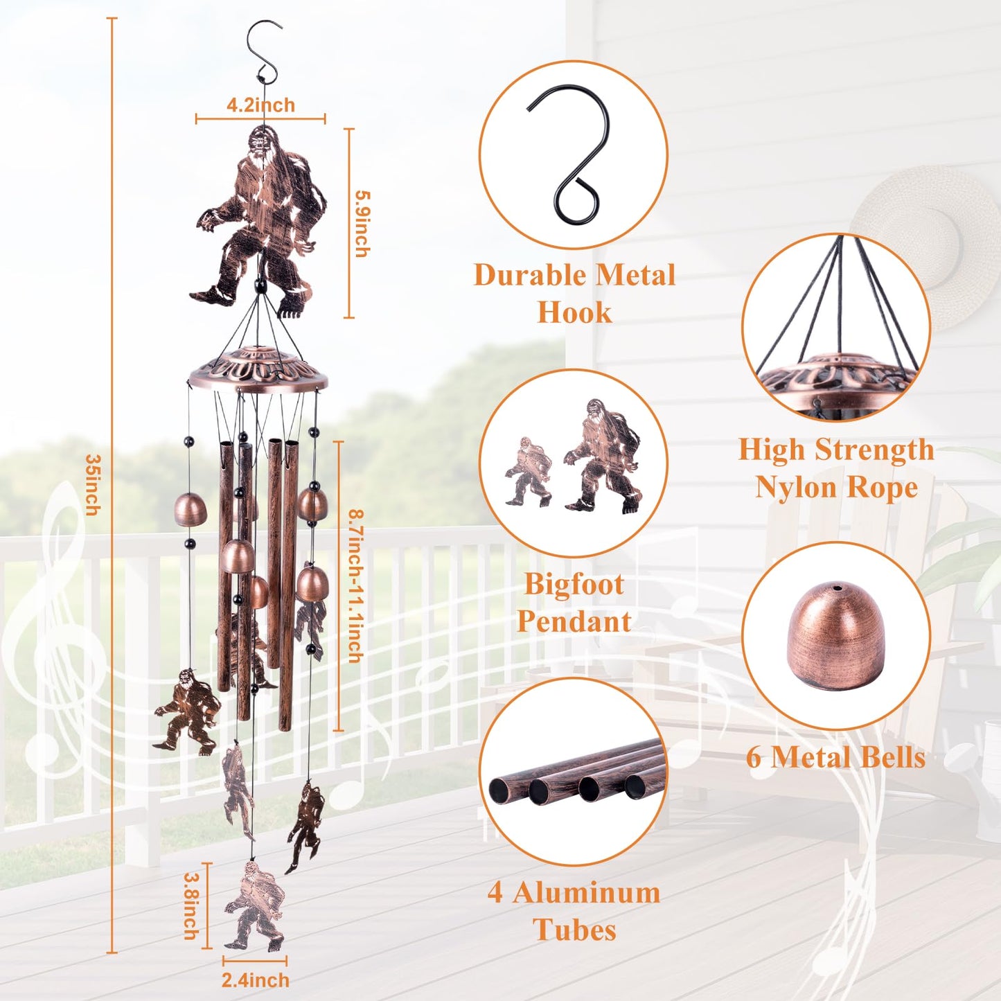 Bigfoot Gifts for Men and Women, Metal Bigfoot Wind Chimes with 6 Chimes and 4 Aluminium Tubes, Beautiful Sounds Sasquatch Gifts for Outside, Home, Lawn, Porch, Patio, Garden Decor, Yard Decoration