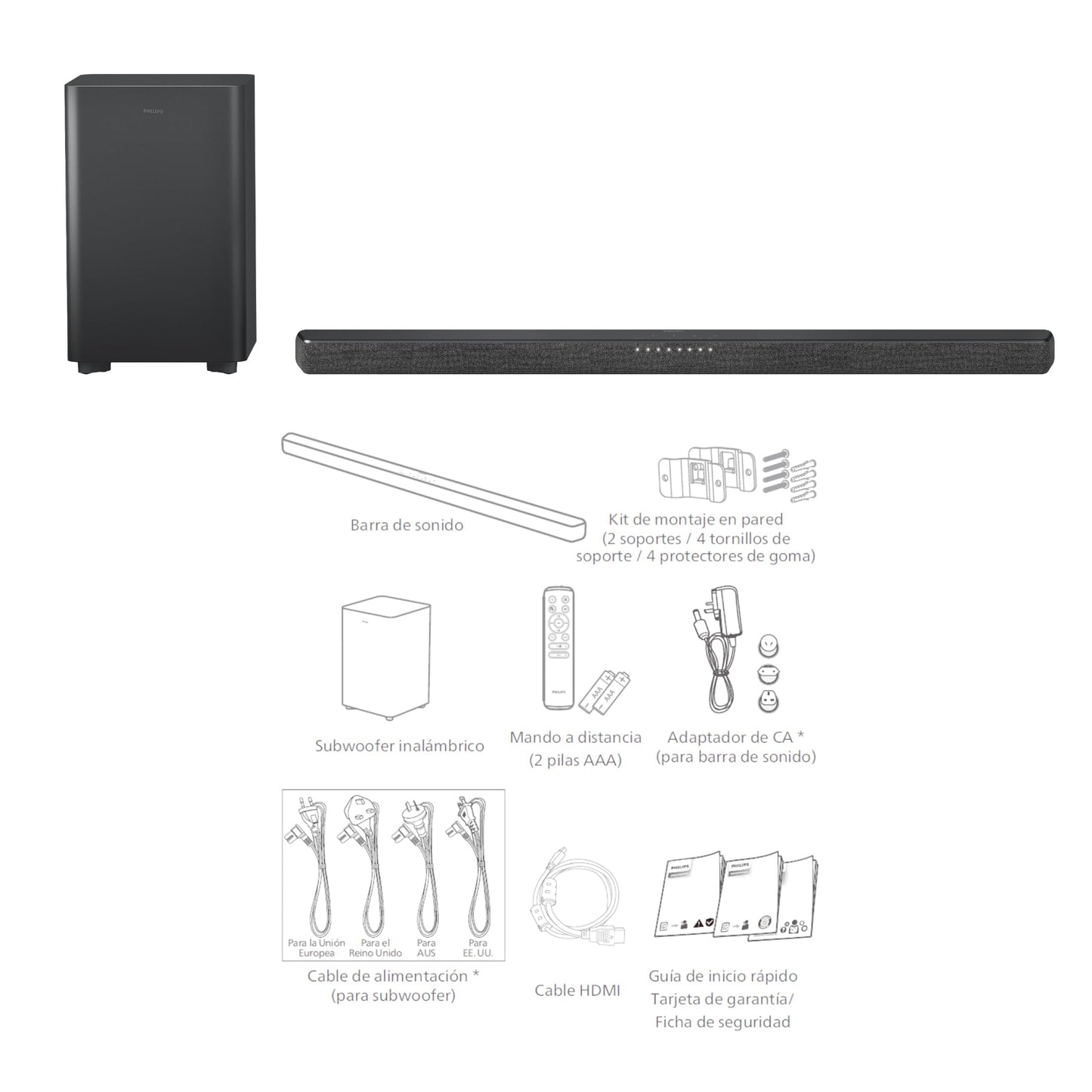 Philips TAB6200 2.1 Channel Soundbar with Wireless Subwoofer - Bluetooth, HDMI eARC, Dolby Atmos, DTS Virtual:X, 240W Max Power, Black