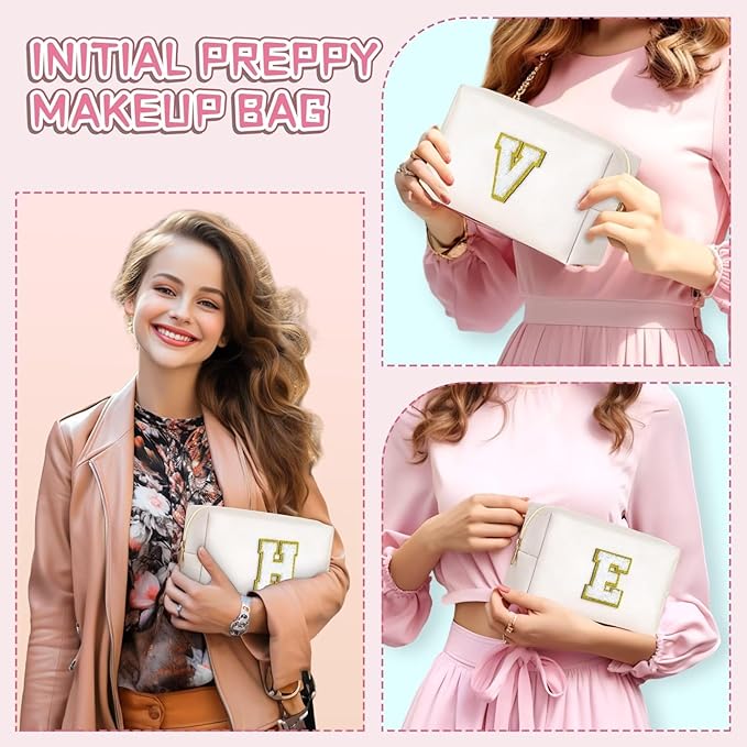 TOPEAST Gifts for Friends Female Mom, Cute Makeup Bag Small Pink Cosmetic Bag Travel Toiletry Bag, Personalized Birthday Gift for Women Girl, Preppy Travel Stuff for Girls (White C)